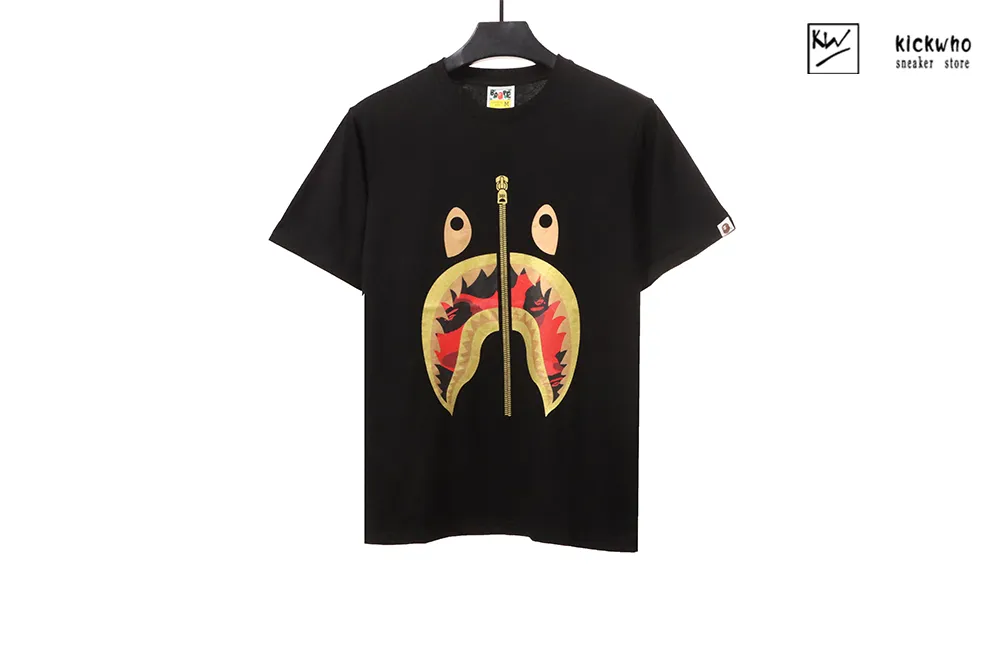 bape camouflage shark zipper t-shirt black red